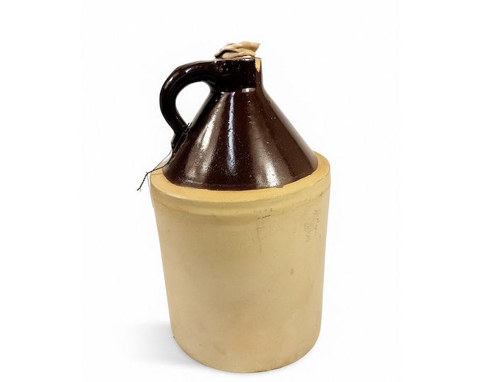 Antique Stoneware Jug • Two-Tone Brown & Cream Crock • Rustic Farmhouse Decor • Primitive Pottery with Chips Farmhouse Primitve Granny Core