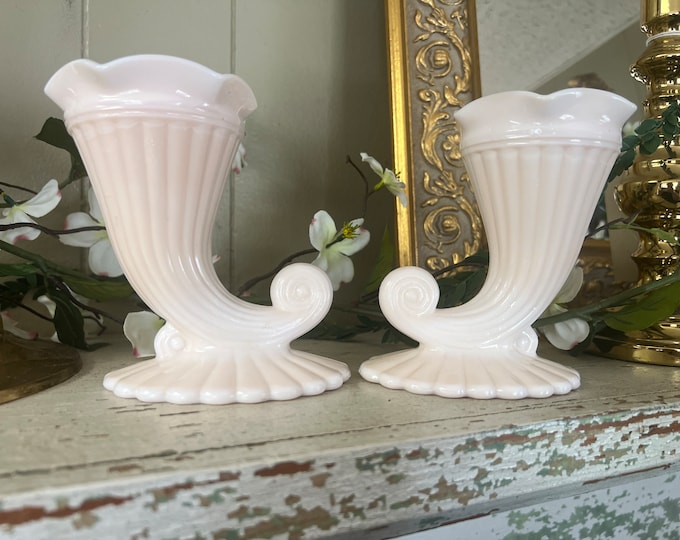 Pair Cornucopia Vases by Jeannette Glass in Shell Pink Milk Glass