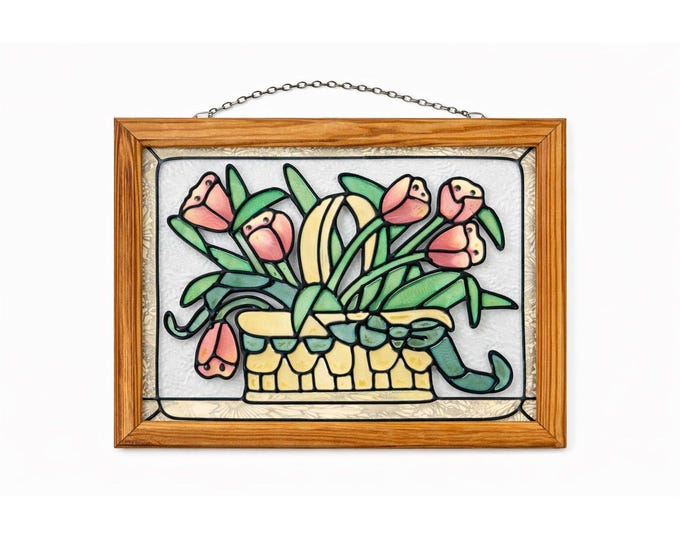 Stained Glass Floral Window Panel Multicolor with Wooden Frame  Hanging Chain Tulips Hearts Country Primitive Cottage Granny Core