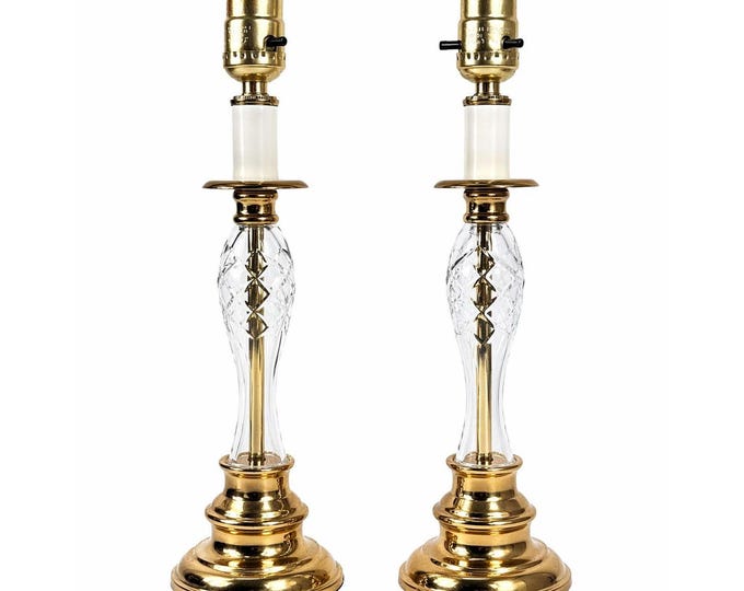 Pair Candlestick Lamps Boudoir Table Buffet Cut Crystal Brass Vintage Traditional Home Decor Deorative Accents Classic Grandmillennial