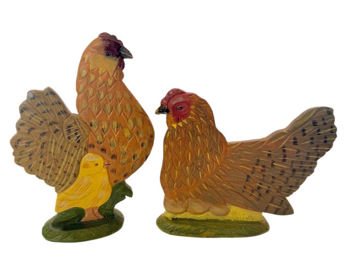 Vintage | Dept 56 Wooden Hand Painted & Carved Chicken Figurines | Set 2 Pair | Farmhouse Primitive Cottage Core Granny Core | Kitchen