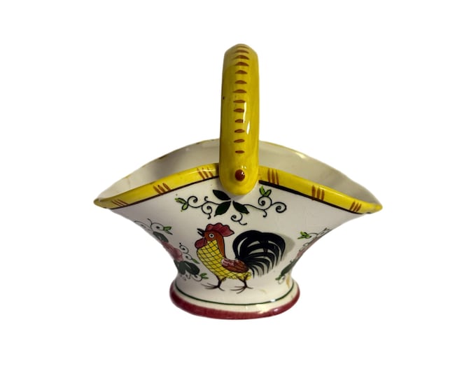 Hand Painted Rooster Basket | Ucago Early Provincial Japan Ceramic Pottery Handle | Chicken Planter | Granny Cottage Core Farmhouse Flowers