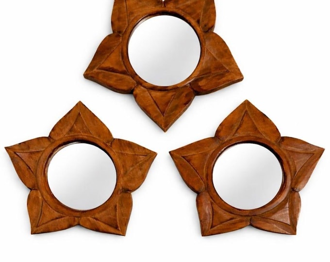 Carved Wood Mirrors Set 3 Lotus Flowers World Market Star Shaped Wooden Vintage Wall Decor Decorative Accents Bohoemian Indonesia