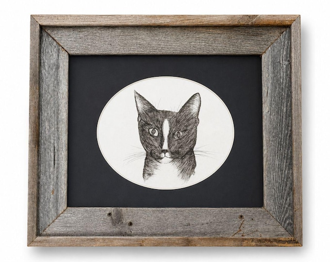 Pen and Ink Cat Barn Frame Quirky Kitten Signed Oval Mat Vintage Unique Art Farmhouse Primitive Home Decor Decorative Accents Gallery Wall