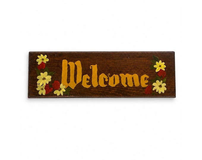 Wooden Sign Welcome Hand Painted Flowers Strawberries Wood Wall Vintage  Door Enterance Farmhouse Primitive Cottage Granny Core