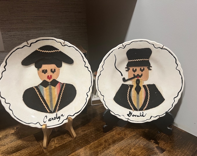 Vintage | Boho | Retro Kitschy | Hand painted Handmade | Fabric | Art | Decorative Plates  | Donald and Carolyn | Wall Art | Man Smoking