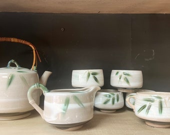 vintage OTAGIRI Service à thé 9 pièces, théière avec anse en bambou, peinte à la main et émaillée
