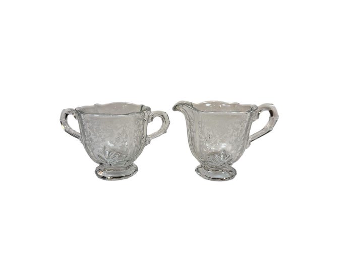 Creamer and Sugar Set | Fostoria Navarre | Etched Clear footed floral elegant glassware | Pitcher bowl | Crystal stemware | Decorative Home