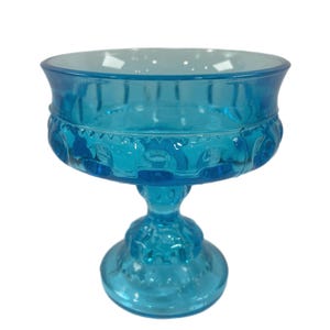 Indiana Glass Ice Blue Kings Crown Thumbprint Compote Dish Vintage Blue Glass Candy Dish Pedestal Dish Bowl Electric Blue Glass MCM Decor
