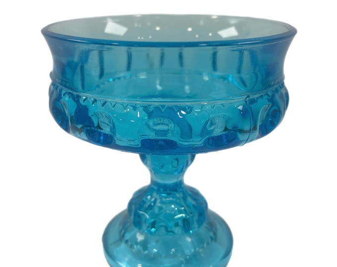 Indiana Glass Ice Blue Kings Crown Thumbprint Compote Dish Vintage Blue Glass Candy Dish Pedestal Dish Bowl Electric Blue Glass MCM Decor