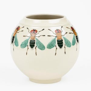 Studio Pottery Vase Michael & Meiko Kahn | Hand Painted Bees Insects | Collectible Art | Home Decor Decorative Accents | Clay Ceramic