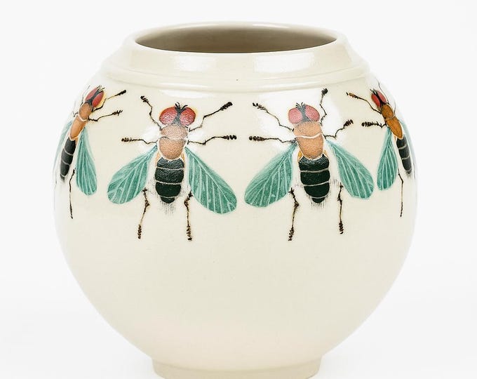 Studio Pottery Vase Michael & Meiko Kahn | Hand Painted Bees Insects | Collectible Art | Home Decor Decorative Accents | Clay Ceramic