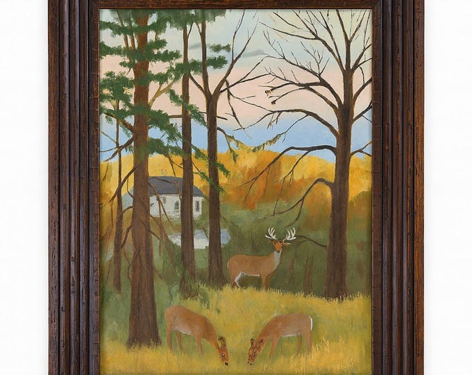 Original Oil Painting Framed Mountain Scene Deer Trees House Primitive