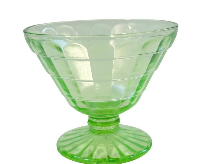 Anchor Hocking Block Optic |  Green Uranium Depression Glass  | Sherbet or Ice Cream Dish | Footed Compote | Collectible Glassware Glow