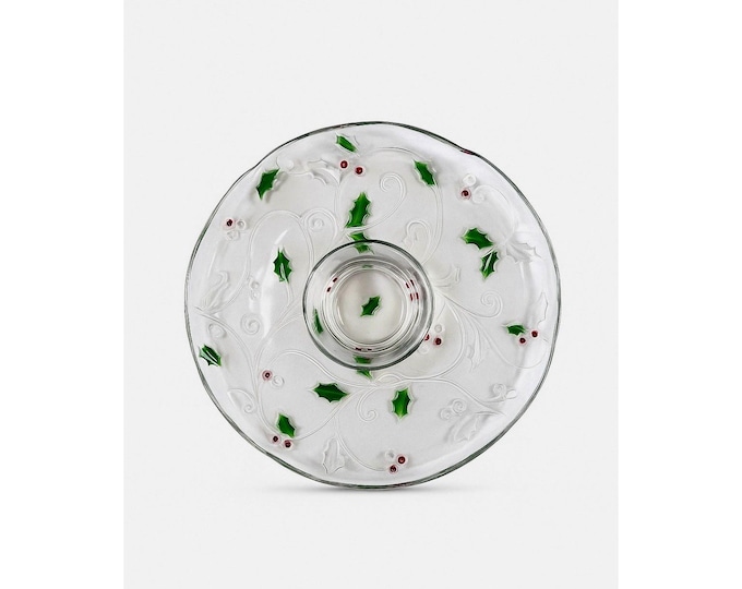 Christmas Chip and Dip Server Tray Celebtations Mikasa Merry Holly Clear Glass 15" Japan Holiday Serving Pieces Hostess Party  New in Box