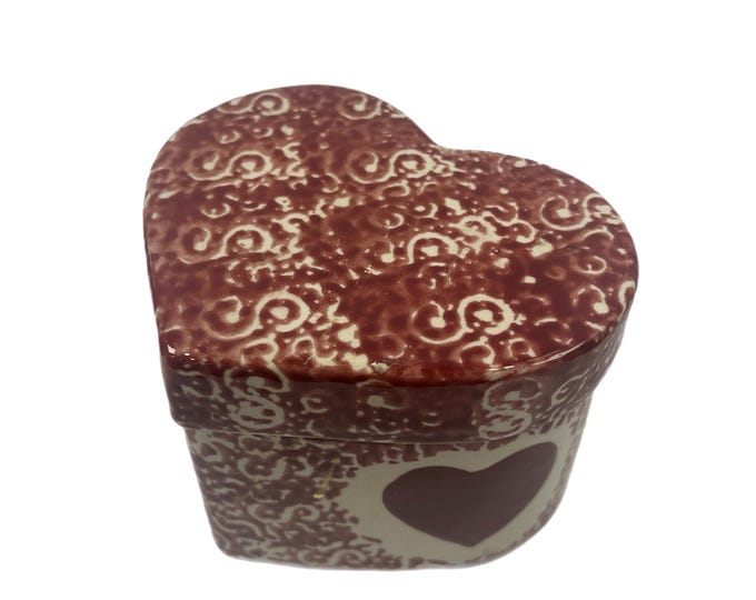 Vintage Red Spongeware Sponge Heart Container Trinket Box Heart Pottery