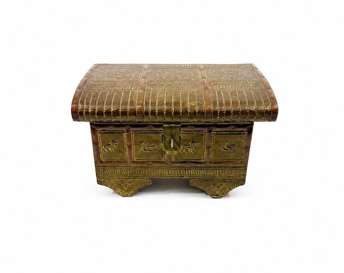 Brass Copper Jewelry Trinket Casket Hinge Box Embossed Hammered Floral Animals Vintage Indian Wood Mirror Velvet Lined Boudoir Vanity Decor