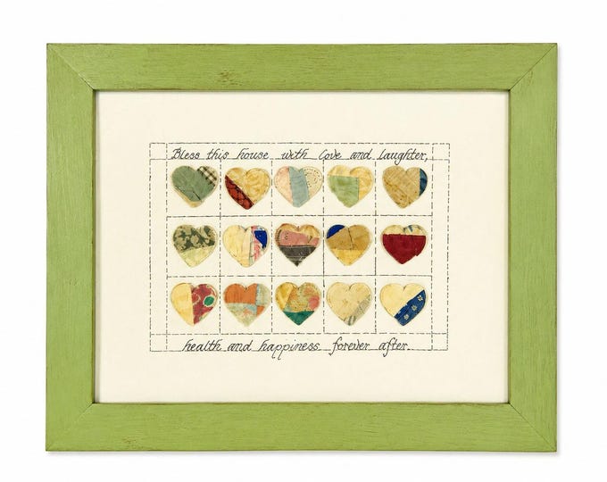 Handmade Quilt Art Bless This House Heart Unique Framed Wall Art Home Decor Decorative Accent Cutter Cottage Granny Core Farmhouse Primitive