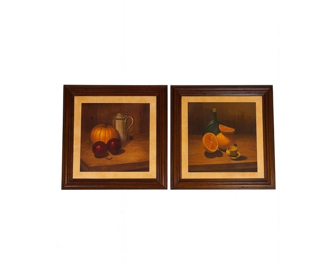 Hank Bos Style Fruit Still Life Framed Print Pair Set 2 | Pumpkin Apple Oranges Empoli Kitchen Art Grandma Core Farmhouse Country Primitive