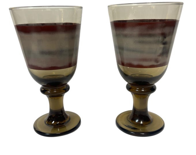 Vintage | Mid Century MCM| Libbey Sango Nova Brown | Wine Water Footed Smokey Glass Goblets Set of 2