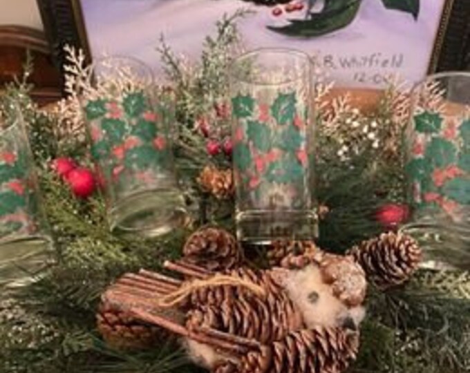 Vintage | Mid Century | Retro | Indiana Glass | Ice Tea | Water | Glasses | Christmas | Holly Berry | 12 oz