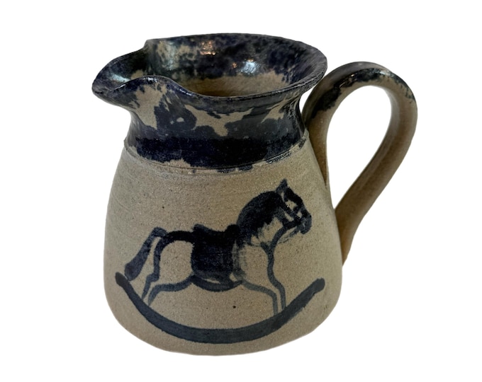 Mini Pitcher Creamer Pottery Handled | Ellis Spongeware Rocking Horse Ironstone | Farmhouse Country Primitive Kitchen Decor | Home Decor