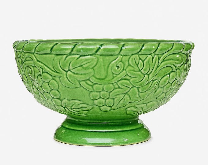 Cache Pot Planter Centerpiece  | Green Majolica | Hosley Potteries Planter Ceramic Glazed | Grape Vine Motif Decorative Accents Home Decor