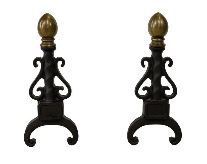 Brass Cast Iron Andiron Set Pair 2 | Ornate Antique vintage Victorian | Fireplace Tools Fire Dogs Holder | Traditional Classic Scroll Home