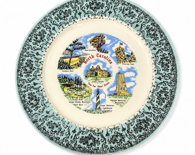Souvenir Plate North Carolina State Taylor Smith Porcelain Robin's Egg Blue Chimney Blowing Rock Cape Hatteras Lighthouse Smoky Mountains