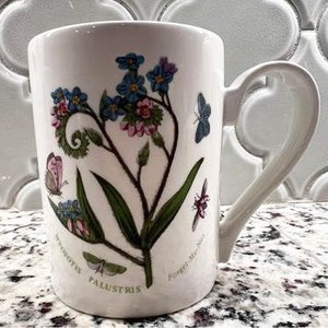 Portmeirion Botanic Garden 10 Unzen Kaffeetasse Vergissmeinnicht auf weißem Porzellan