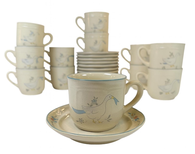 Marmalade Cup and Saucer | International Vintage Stoneware Dishes Replacement China | Granny Grandma Cottage Core | Blue Ribbon Geese Goose