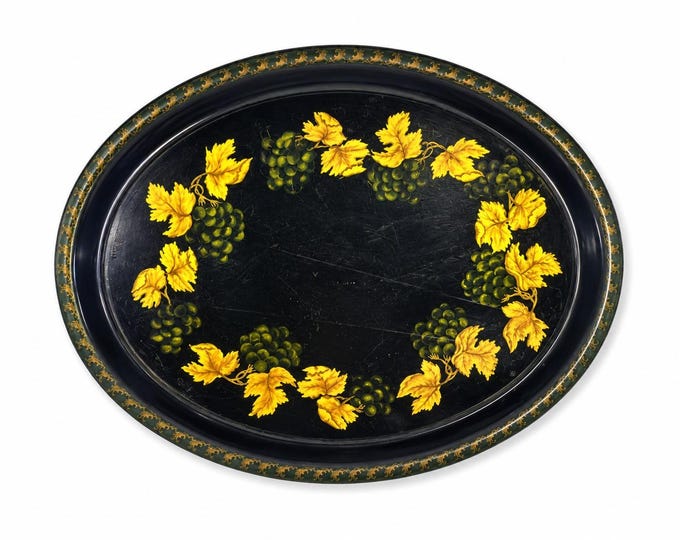 Large Tolware Platter Tray Antique Vintage Painted with Gilt Leaves Serving Decorative Accents