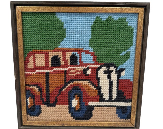 Vintage| Wooden framed Crewel Needlework | 1938 Dodge Coupe Old Car | Wall Decor Art | Handmade | Man Cave Bar Art Game Room | Gallery Wall
