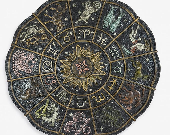 Zodiac Wheel Wall Hanging | Mid Century Brutalist | Vintage Retro Kitschy MCM | Gallery Wall Art Fortune Telling Metaphysical Home Decor