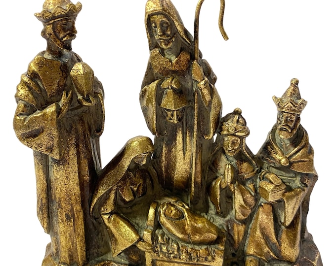 Gold Metallic Plaster/Resin Nativity Scene "The promise of Christmas" Mary Baby Jesus Three Wisemen