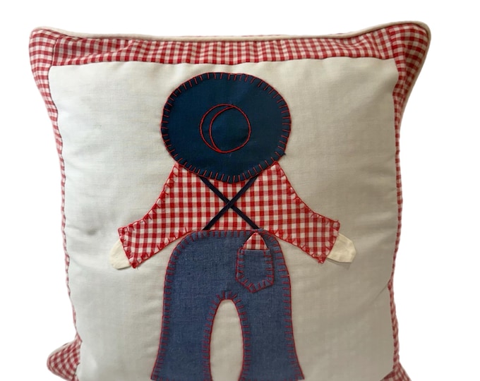 Vintage | Country Boy |  Overall Bill Pillow Red | Gingham Appliqué Handmade | Throw Pillow | Cottage Core Granny Core Farmhouse Primitive