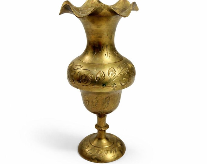 Hand-Etched Brass Bud Vase India Ornate Floral Design Vintage Boho Decor Small Ruffled Edge Shelf Home Decor Decorative Accents
