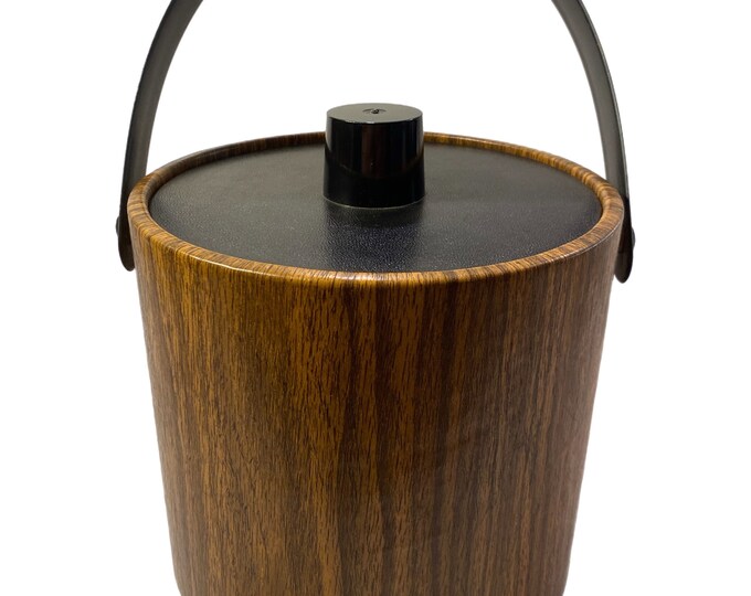 Vintage Mid Century Irvinware Ice Bucket Faux Wood Grain Vinyl Barware MCM