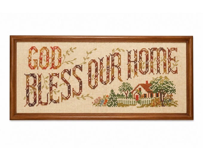 Sampler Cross Stitch God Bless This Home Framed Print Vintage Handmade  Wall Gallery Art Home Decor Cottage Granny Farmhouse Primitive