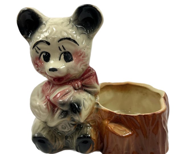 Vintage | Retro | Mid Century | Panda Teddy Bear | Pink Bowtie | Glazed Planter | Pot Stump Anthropomorphic Kitschy Kitsch