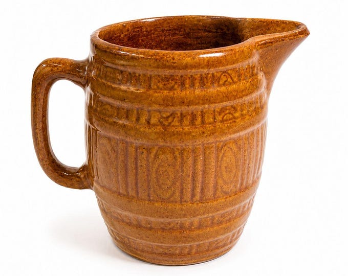 Stoneware Pottery Pitcher Glazed Barrel Rustic Farmhouse Vintage Brown Large Faux Wood Primitive Cottage Granny Core