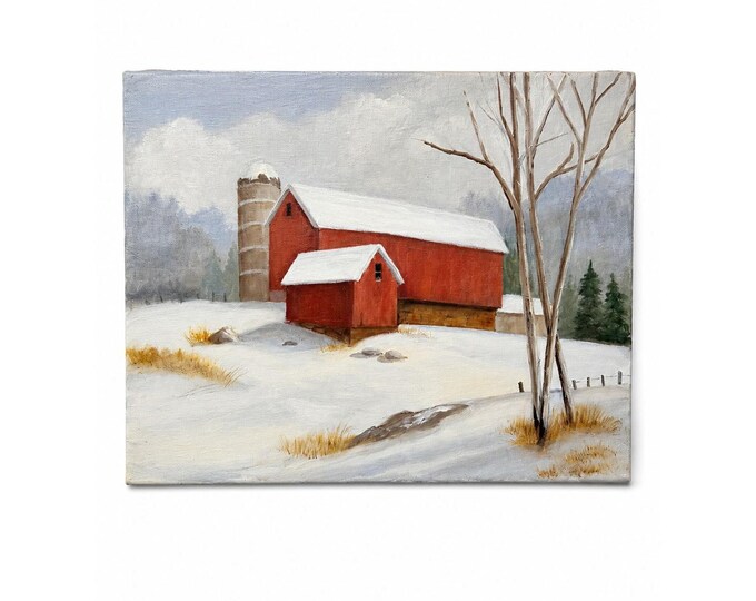 Oil Painting Red Barn Silo Winter Scene Snow Vintage Unknown Artist Unframed Gallery Wall Art