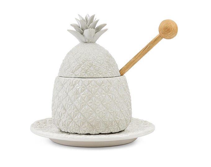 Pottery Honey Pot Pineapple | Italian Ceramic Glazed Mustard or Jam Pot with Lid Wooden Stick | Italy Majolica Nancy Myers Grand Millennial