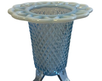 Imperial Glass Lattice Diamond Pattern Footed Bud Vase, Retro Bud Vase, Art Deco, Blue Bud Vase