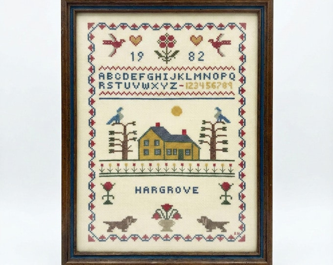 Framed Art Cross Stitch Embroidery Sampler Vintage ABC Alphabet Finished 1980s Primitive Country Folk Artwork Wall Decor Hargrove 1982