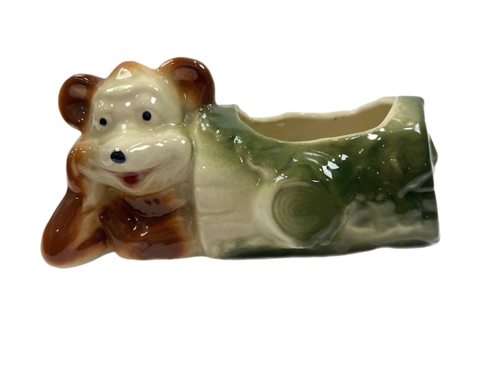 Vintage | Retro | Mid Century | Teddy Bear |  Glazed Planter | Pot Stump Anthropomorphic Kitschy Kitsch | Bear on Log