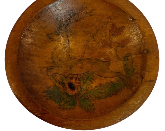 Folk Art Hand Turned Carved Wood Bowl | Pyrography Deer Stag Scene Vintage |  Unbranded | Rustic Farmhouse Primitive Cottage Granny Core