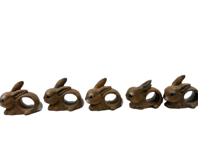 Set 5 Vintage  1980s Ceramic Mold Bunny Rabbit Napkin Holders Hand Painted Easter Tablescape Decor Napkin Rings