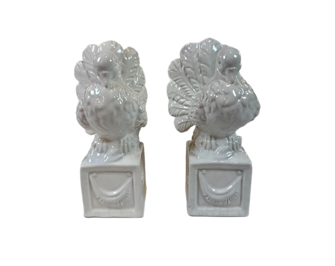 Turkeys Bird on Stand | Porcelain Ceramic | White Ironstone | Pair Set 2 | Decorative Accents | Grand Millennial Home Decor Cottage Core