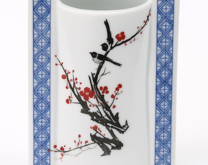 Oriental Brush Pot Vase | Qing Blue White Garden Chinese Poems | Birds Cherry Blossoms | Hand Painted | Home Decor Decorative Accents